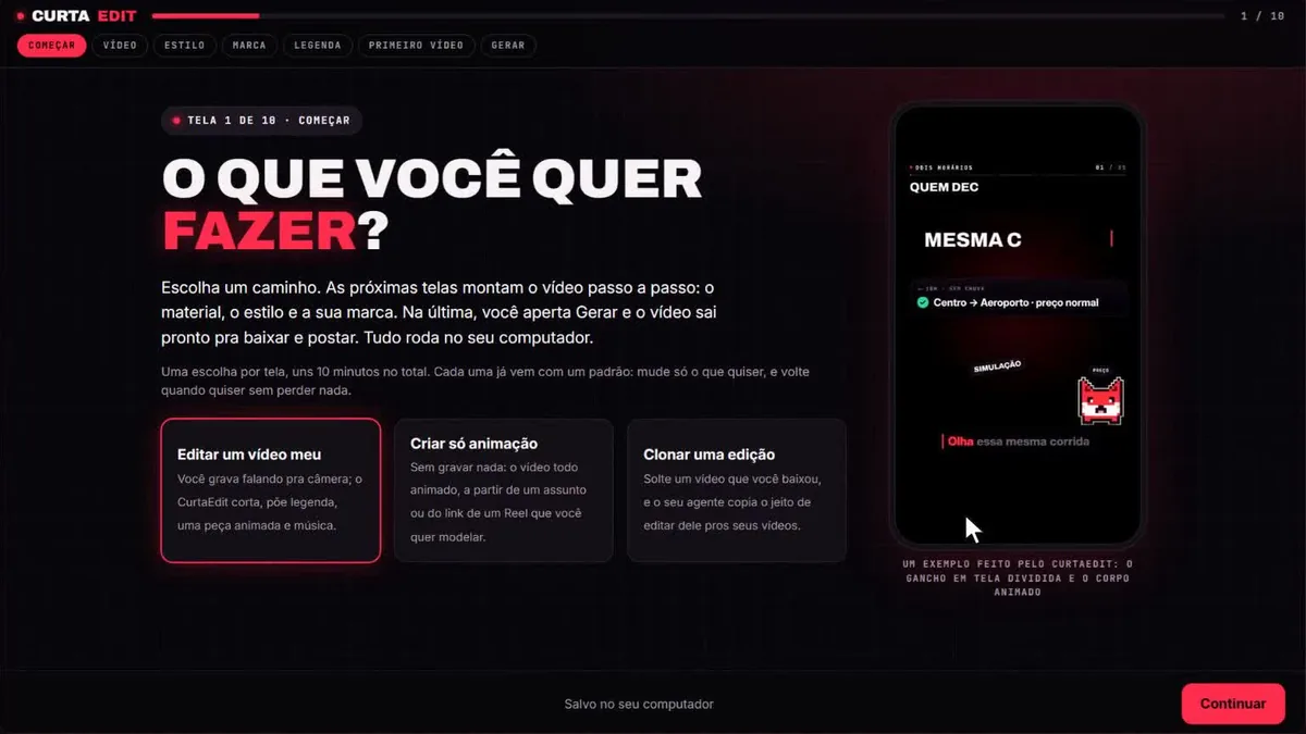 Tela O que você quer fazer, da página do CurtaEdit